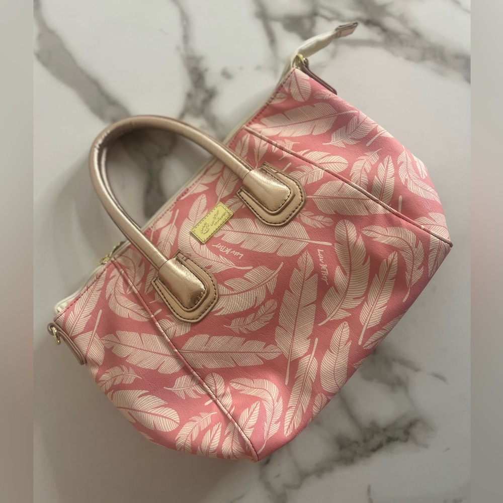 Women’s Betsy Johnson vintage style pink and Rose gold tropical leaf handbag